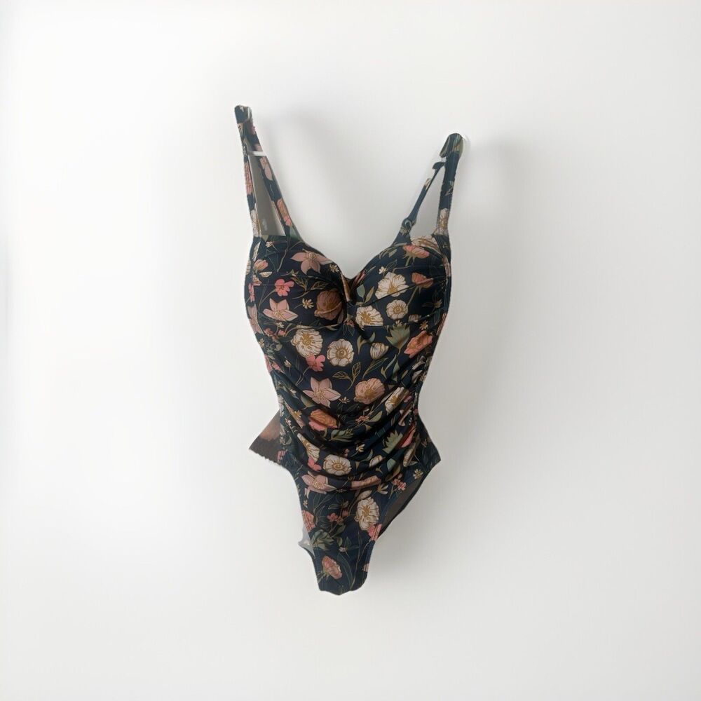 Nicole Miller Studio Women One Piece Swimsuit Floral Ruched Slimming Sz M